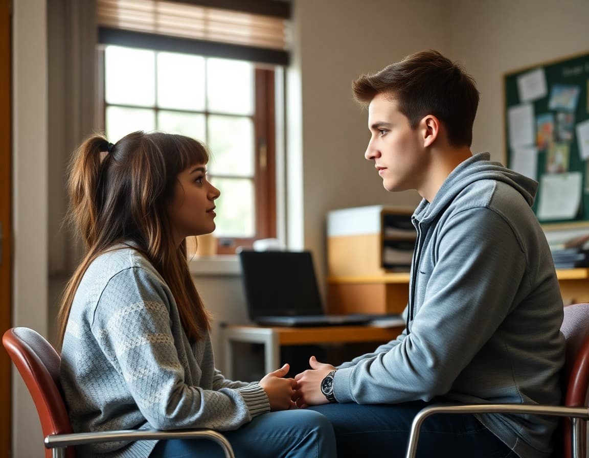 School counselor speaking with a student about hazing concerns in a supportive office setting