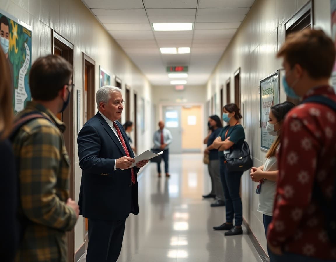 School principal communicating hazmat shelter in place procedures to staff in a hallway during an incident