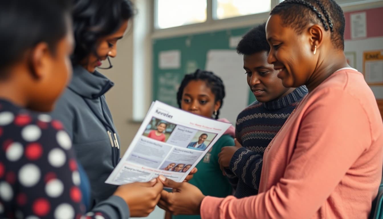 School counselor connecting a family experiencing homelessness with school newsletter and resources