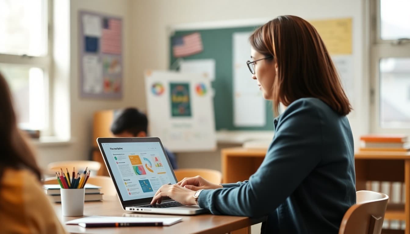 Teacher designing a colorful infographic-style school newsletter on a laptop screen