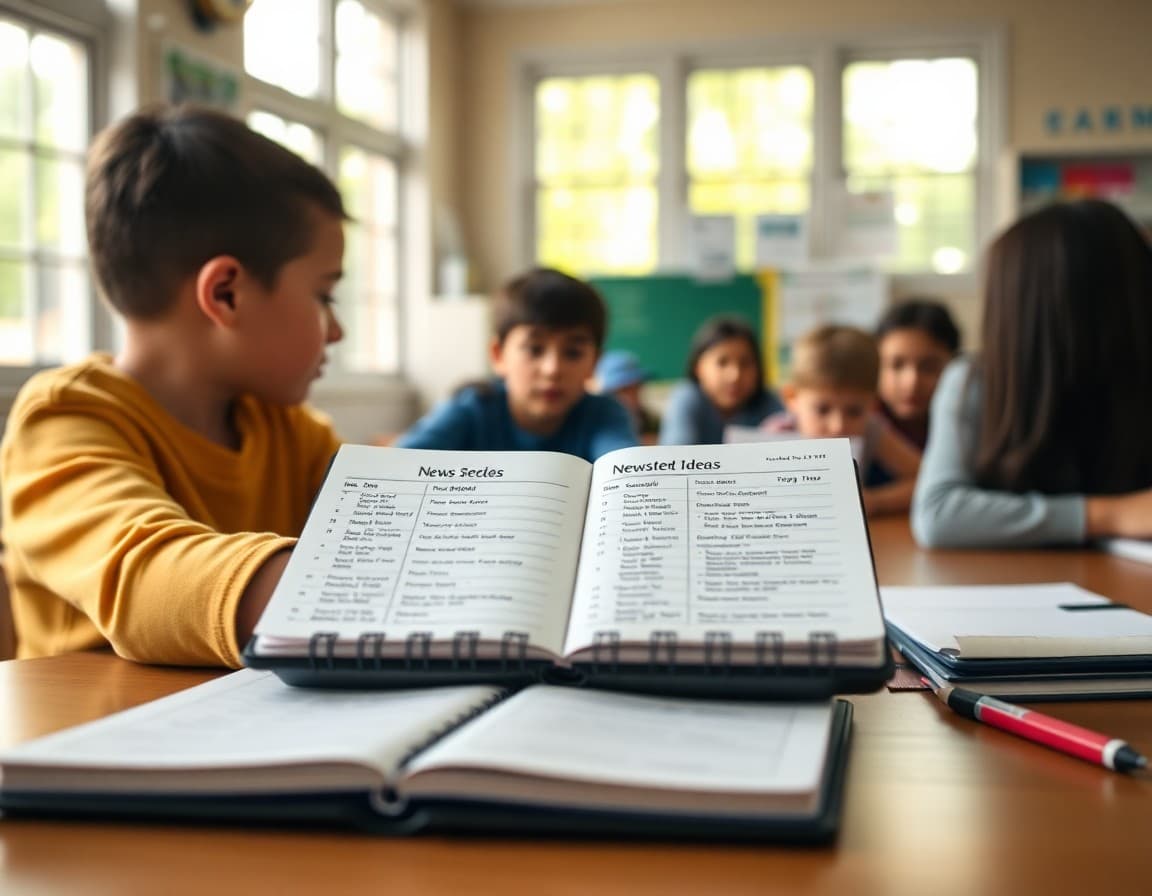 Notebook with school newsletter content ideas organized by category and month