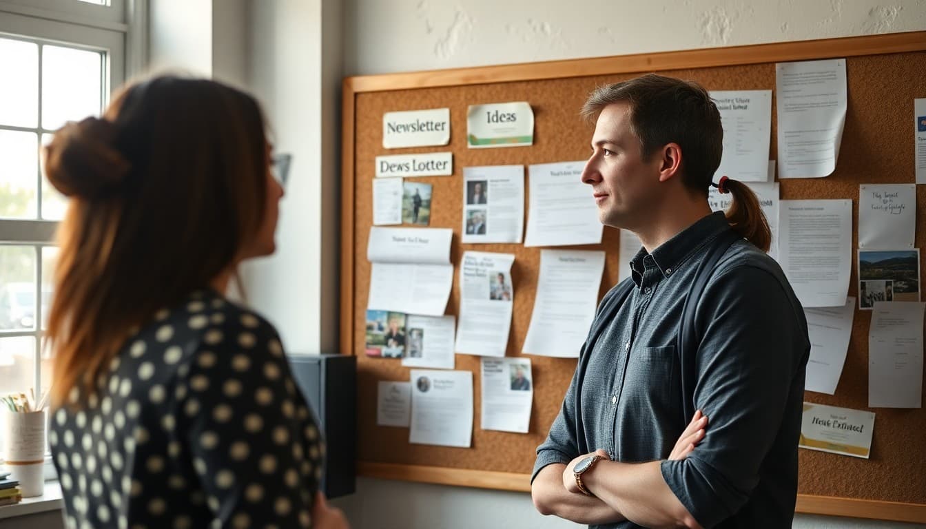 Teacher looking at a corkboard covered with newsletter idea notes and clippings