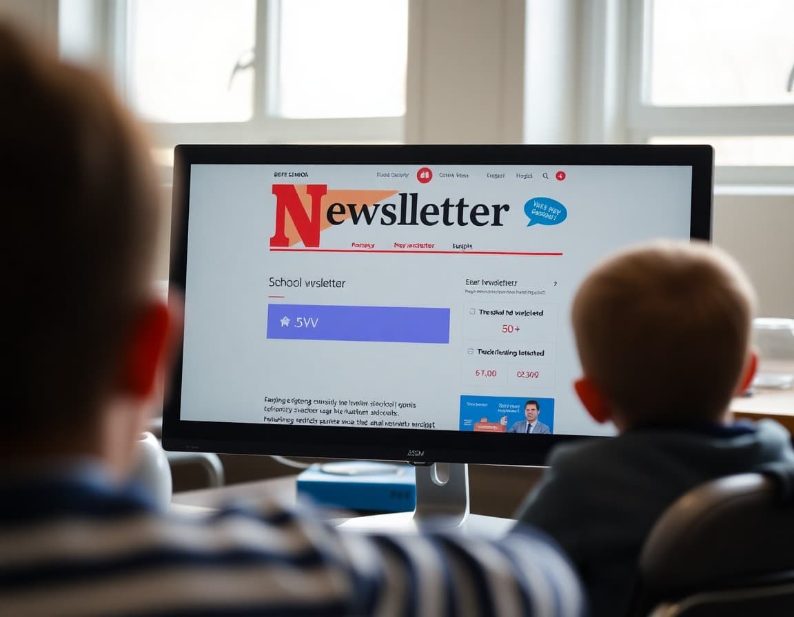 School newsletter on screen showing an RSVP button and poll widget with response counts