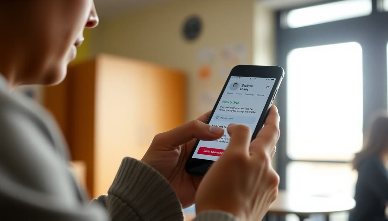 Parent tapping a poll button in a school newsletter on their smartphone