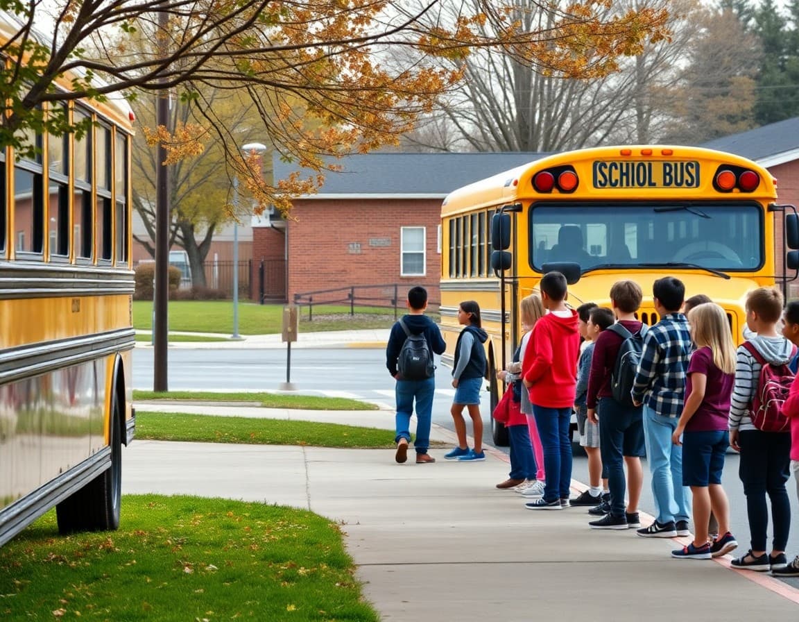 School bus arriving late to an elementary school with students waiting in a supervised line at the curb
