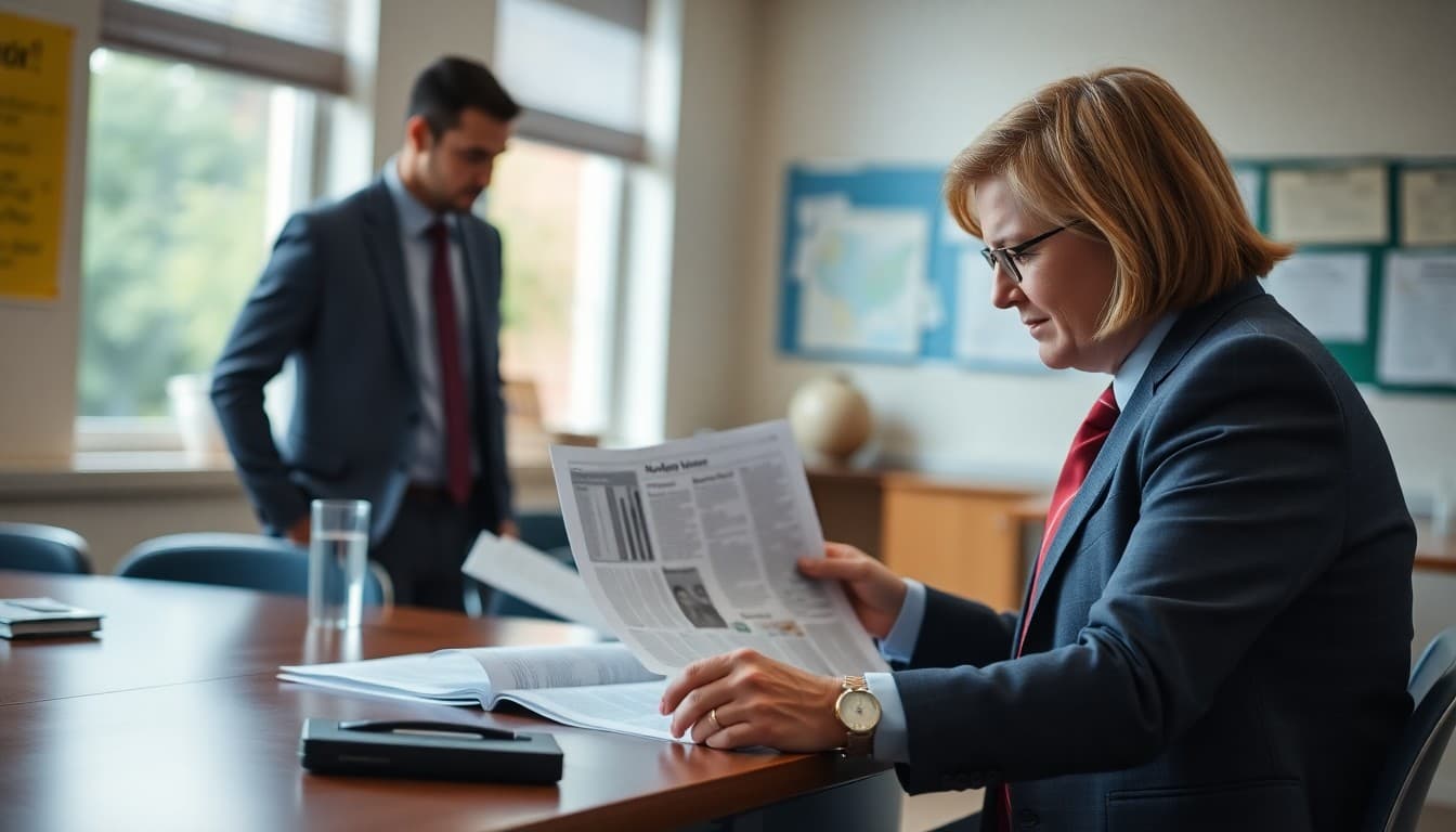 District attorney reviewing school newsletter pages on desk for legal compliance check