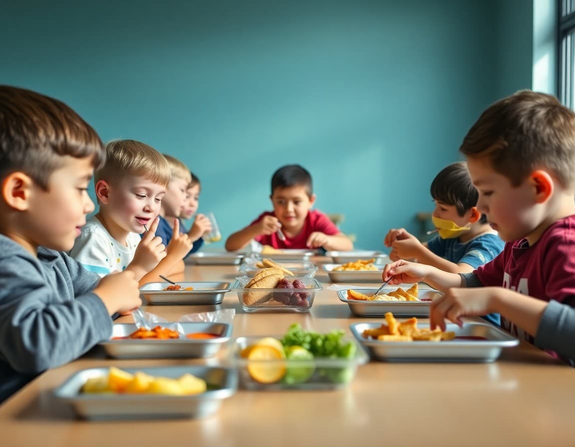 Elementary students at cafeteria tables eating new healthy school lunch menu items with variety of food choices