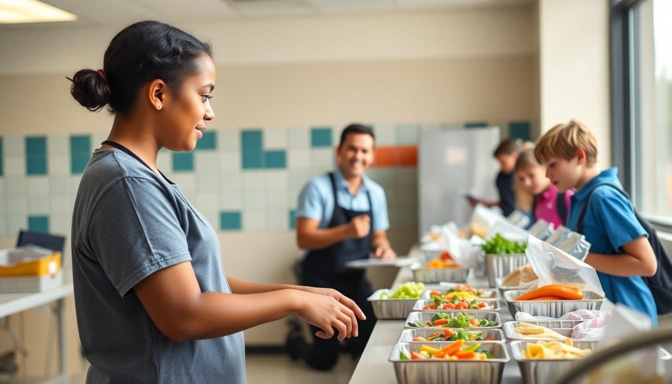 School cafeteria worker presenting new healthy lunch menu items on a serving counter to students