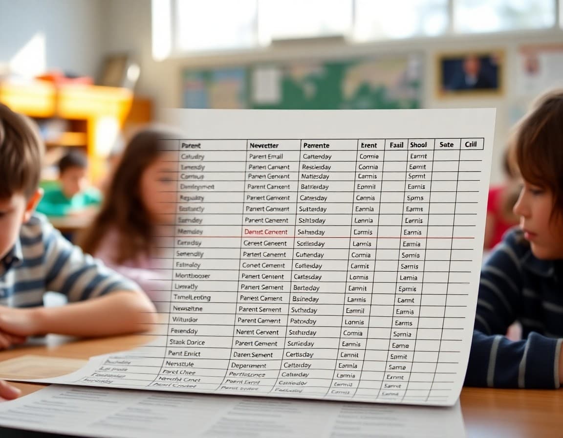 Spreadsheet showing organized parent email contacts with status columns for a school newsletter list