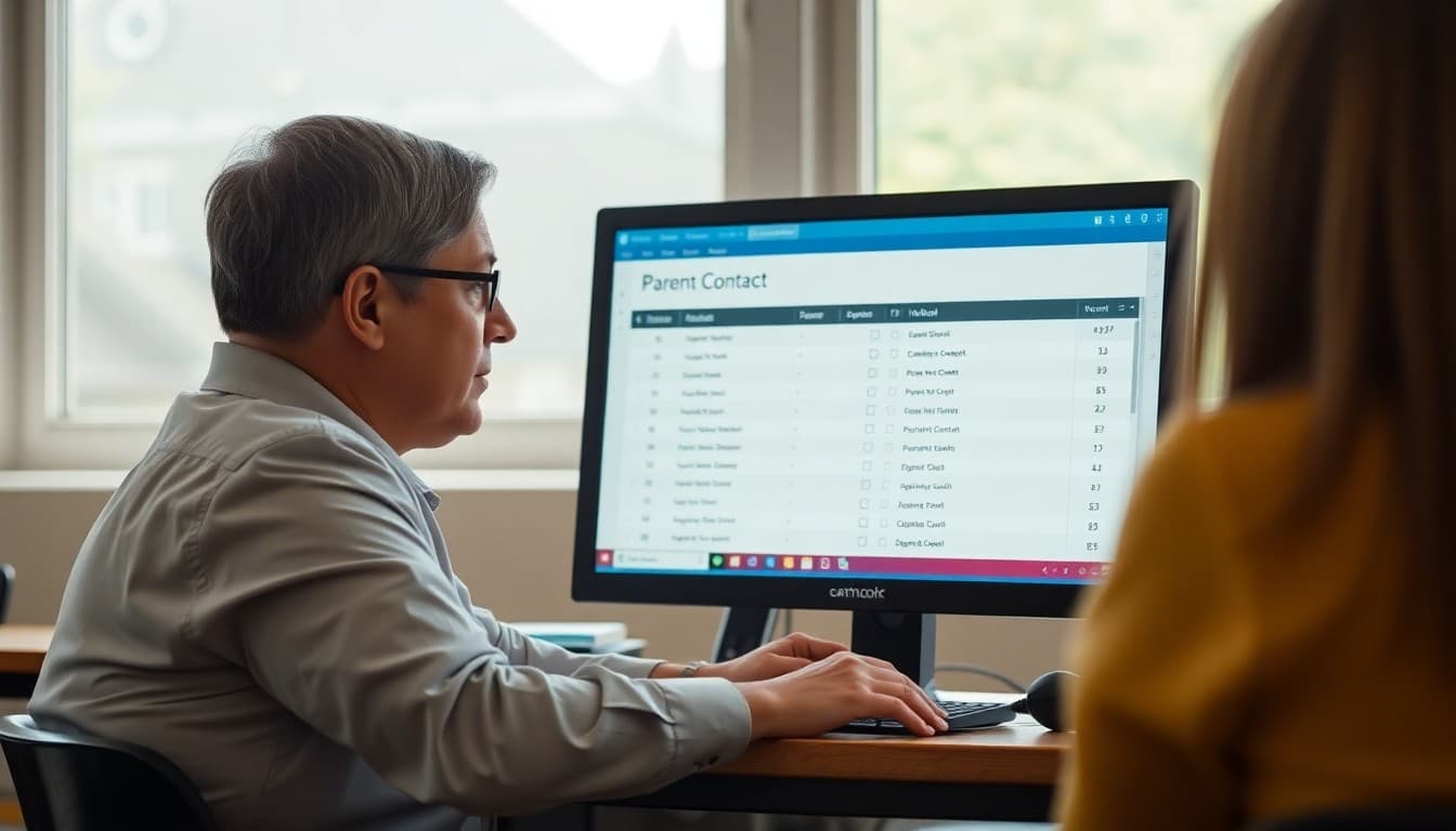 Administrator reviewing a parent contact list on a school computer screen