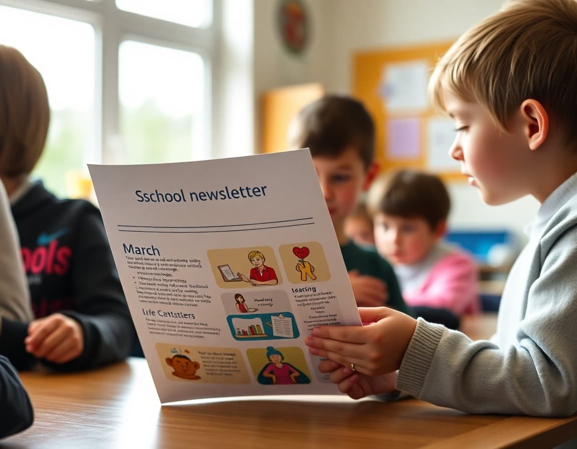 School newsletter March edition showing reading challenge progress and spring activities