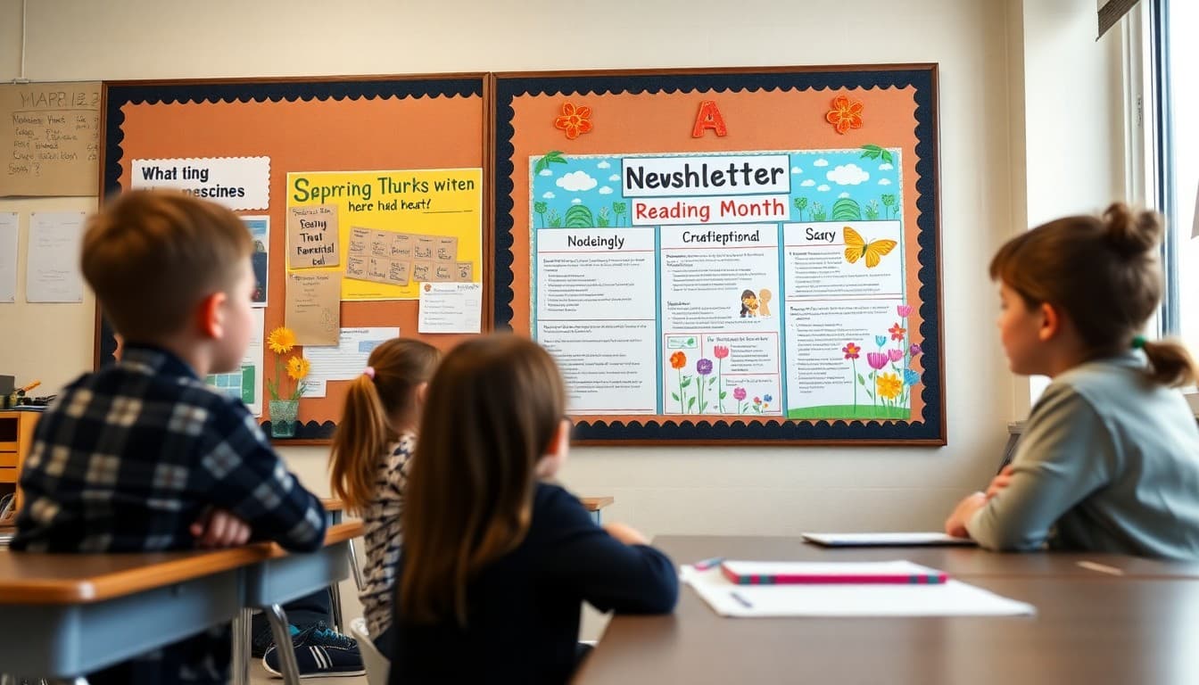 Classroom March newsletter with reading month and spring themes on a bulletin board