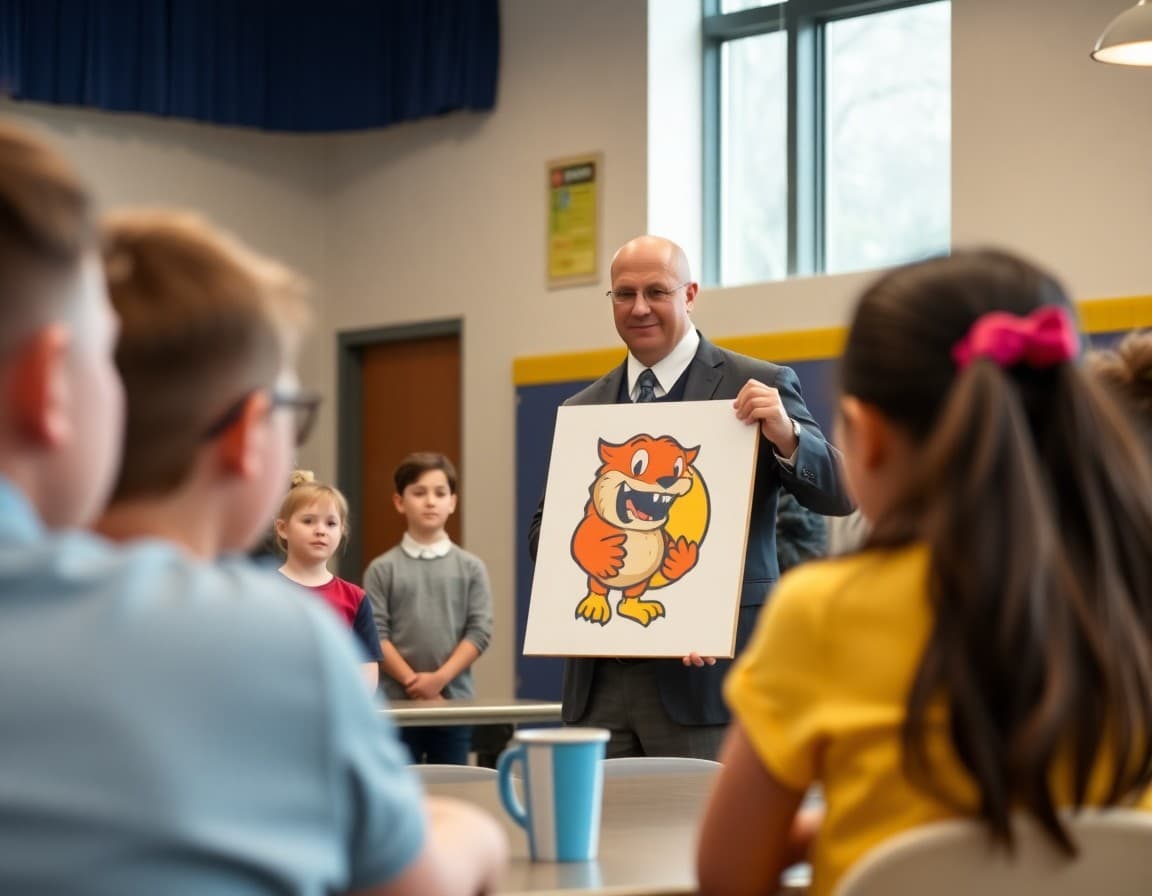 Principal presenting new school mascot artwork to students and parents at a school assembly