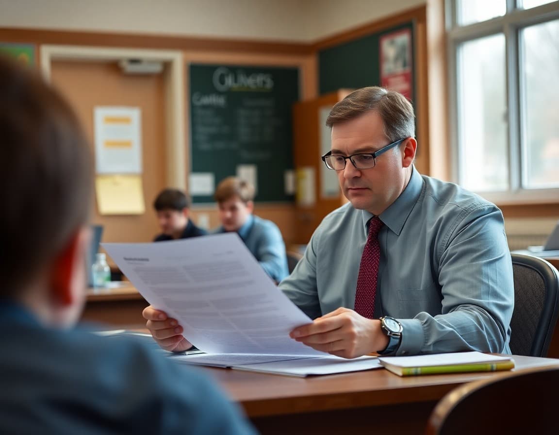 Principal reviewing a media response letter at a desk while preparing to communicate with school families