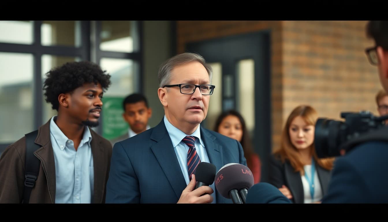 School administrator calmly addressing reporters outside the school building during a media inquiry visit