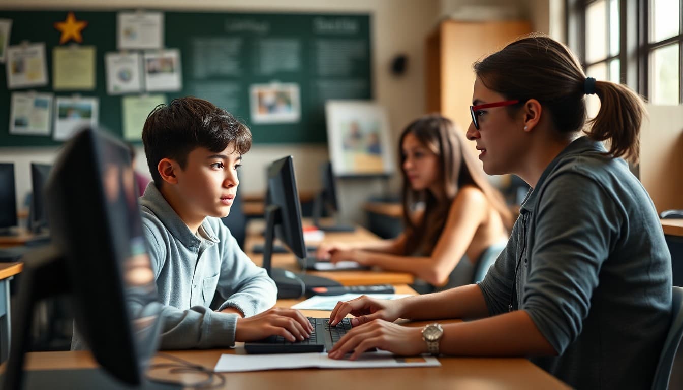 Students analyzing media messages in classroom with teacher guidance at computer stations