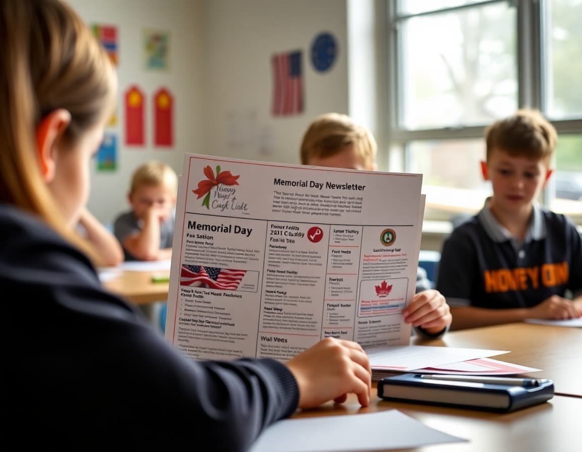 School newsletter May edition showing Memorial Day content and final weeks calendar