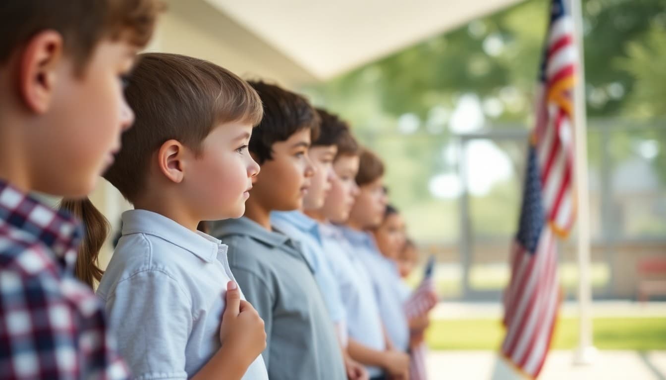 School Memorial Day remembrance with flag ceremony for students on a sunny day
