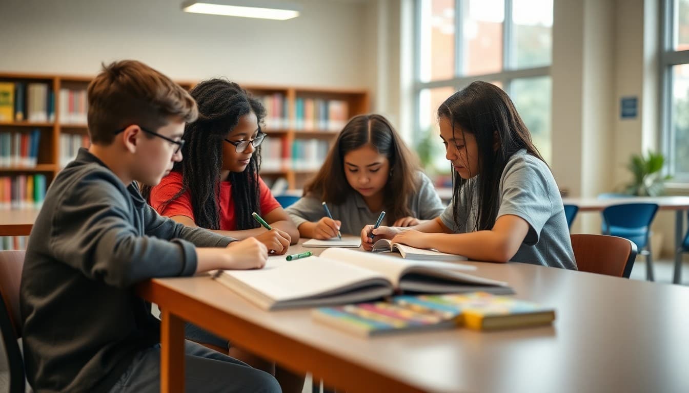 Older students mentoring younger students in school library setting at table