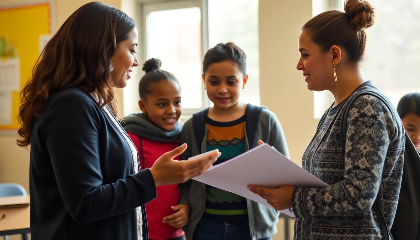 School counselor connecting a migrant student family with district education support resources
