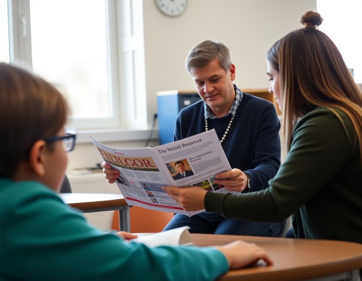 School counselor reviewing military family transition resources in school newsletter with parent