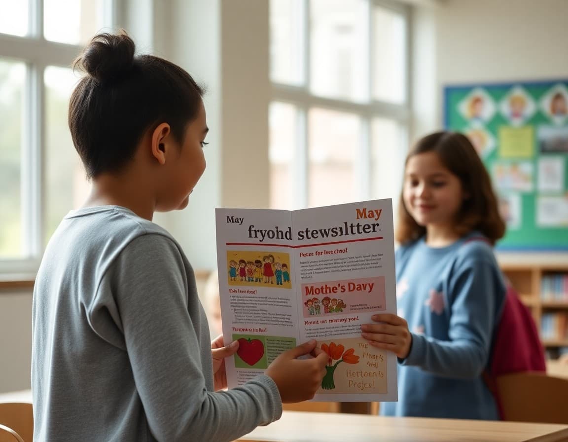School newsletter May edition with Mother's Day and end-of-year theme displayed