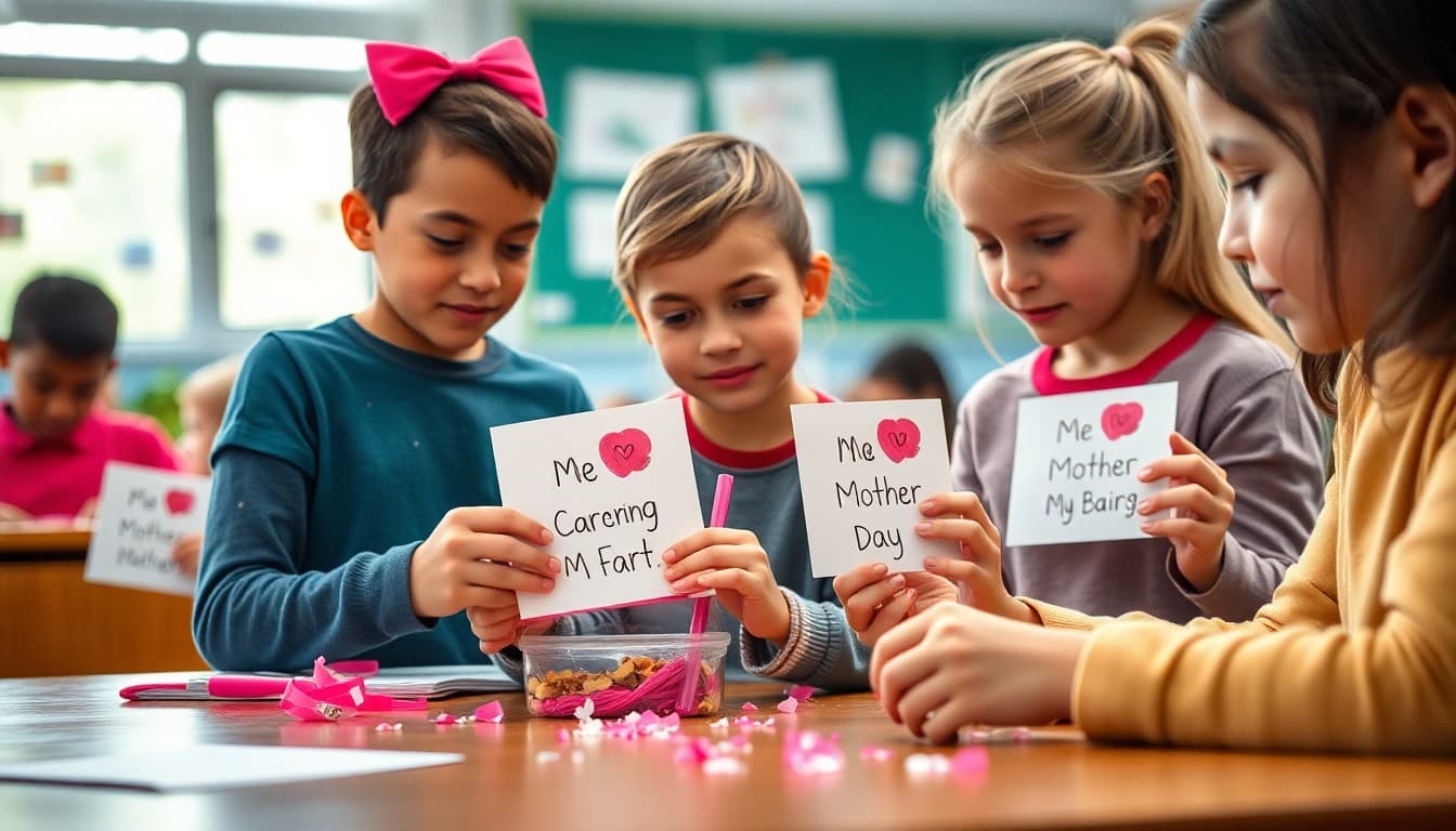 Students making Mother's Day gifts at school with heartfelt messages for caregivers
