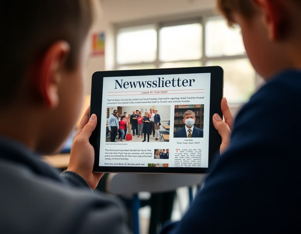 School newsletter with photos and a video embed displayed on a tablet screen