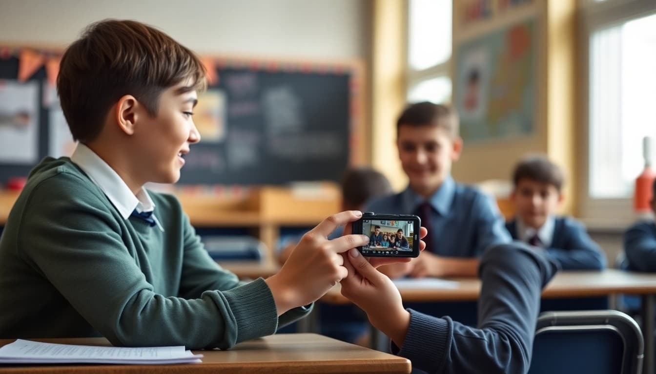 Teacher selecting photos from a classroom camera roll to add to a school newsletter