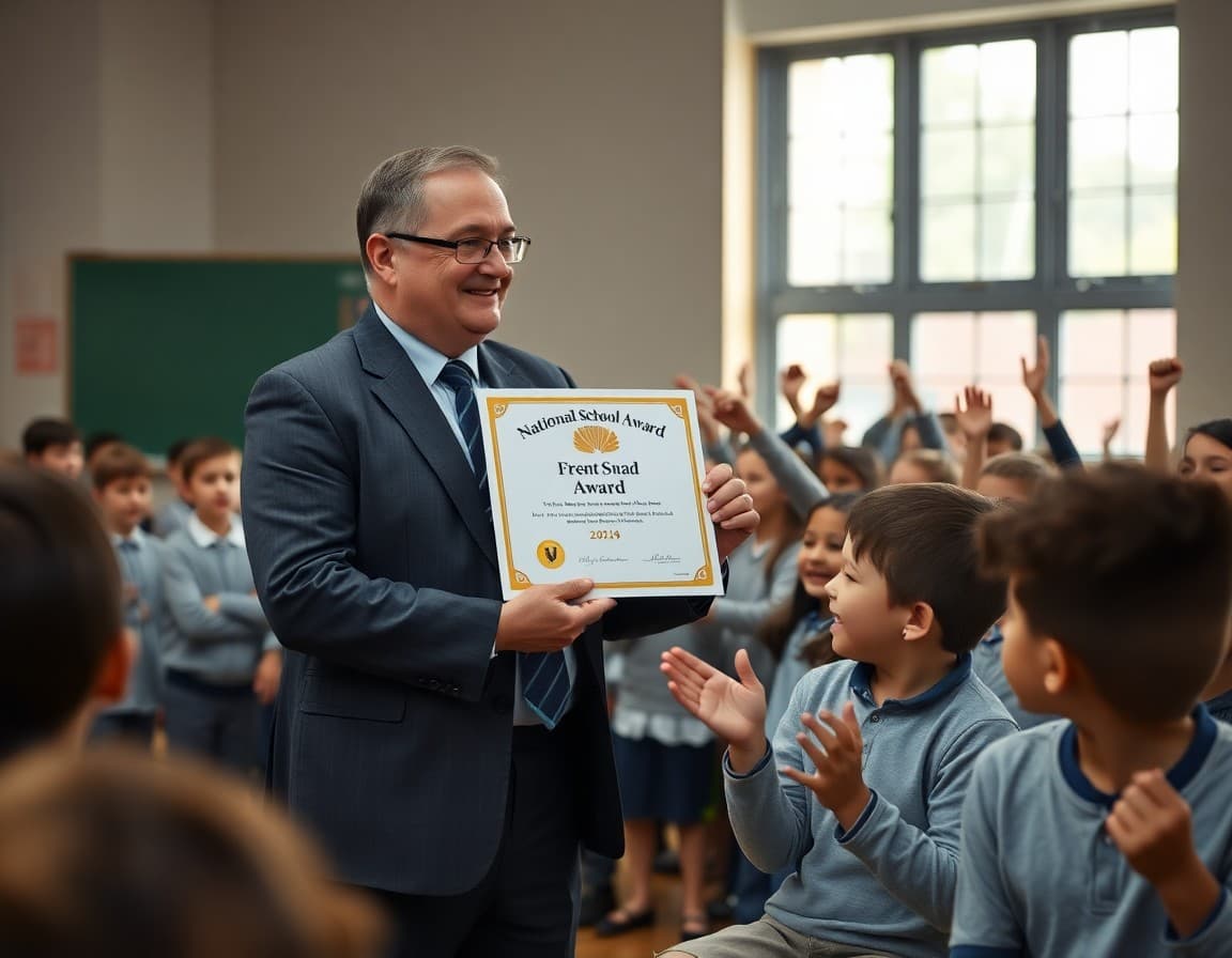 Principal holding a national school award certificate in front of cheering students at a school assembly