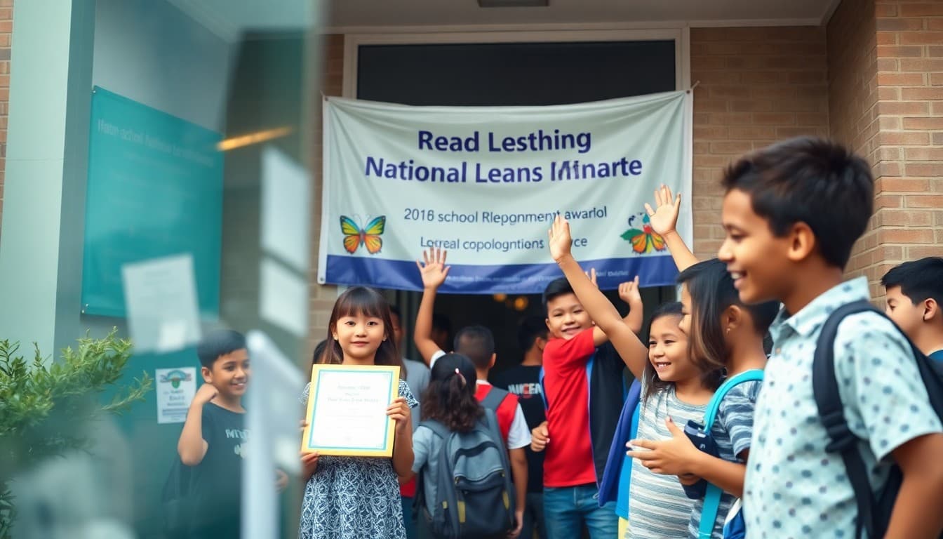 School community celebrating a national recognition award outside the school building with a banner visible