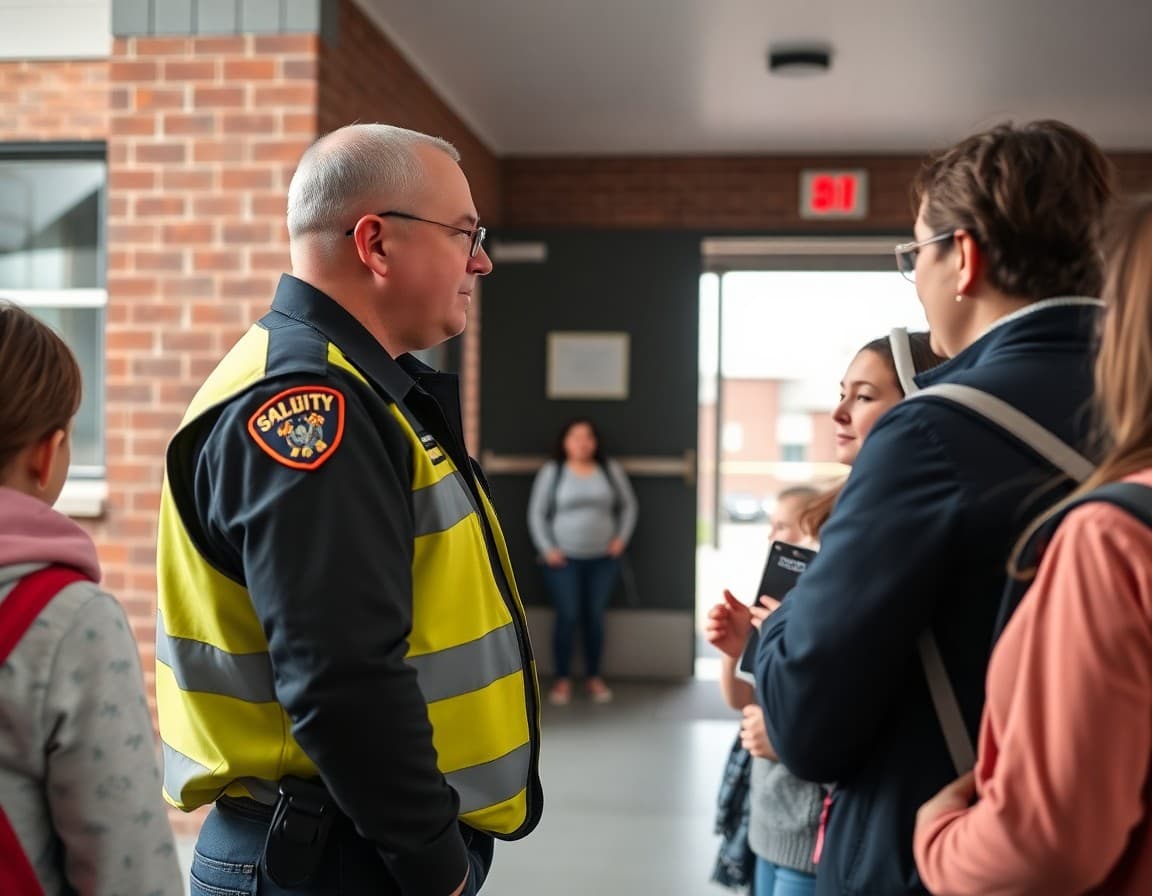 School safety officer speaking with parents at a school entrance about updated safety routes for students