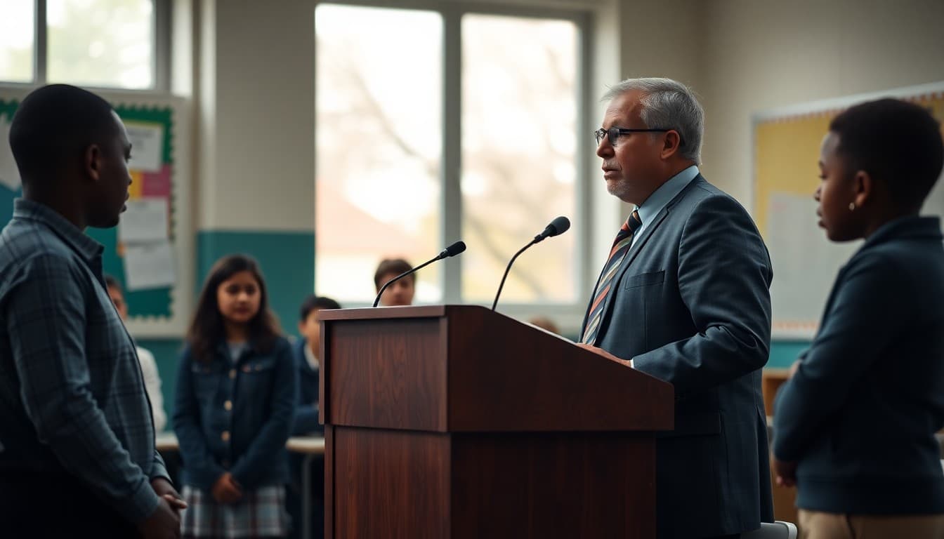 School principal at a podium addressing parents about neighborhood safety concerns affecting students walking to school