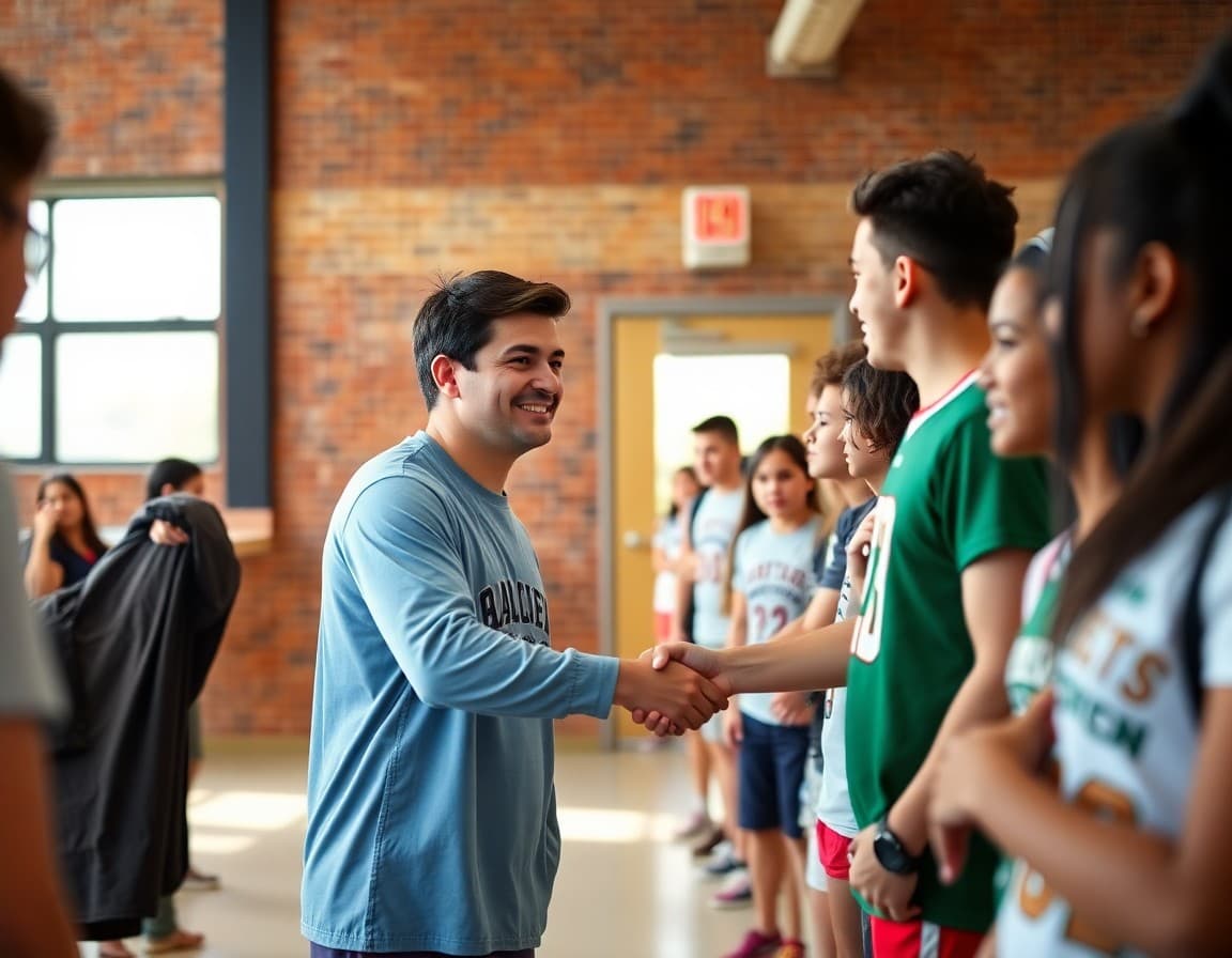 Coach shaking hands with student athletes during introductory team meeting