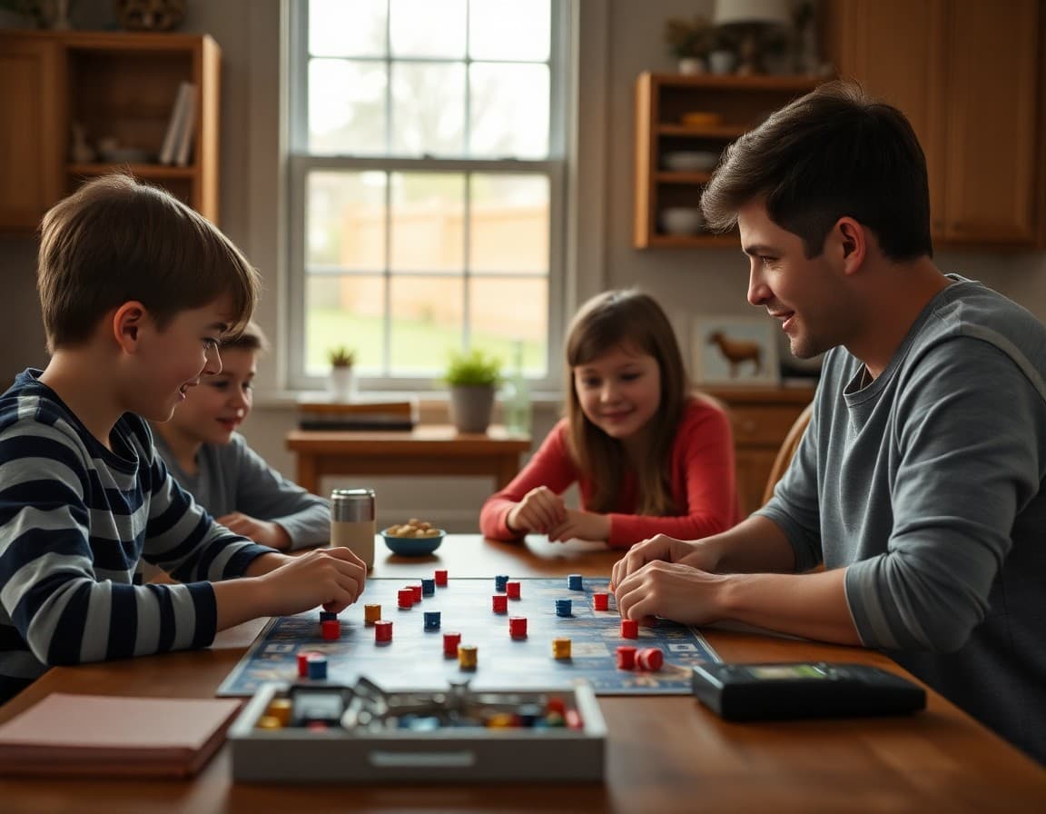 Family playing board game together on school no homework night at kitchen table