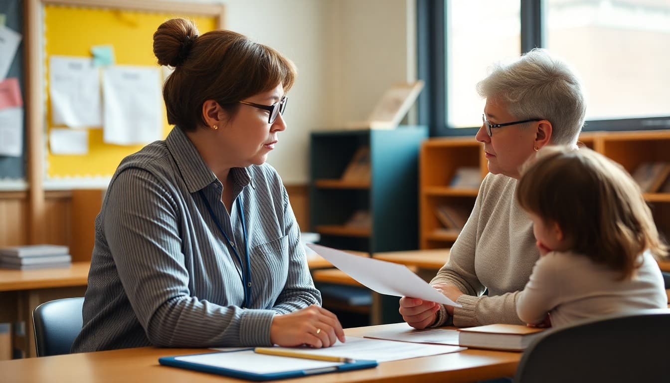 School administrator explaining newsletter access rights to a non-custodial parent at a desk