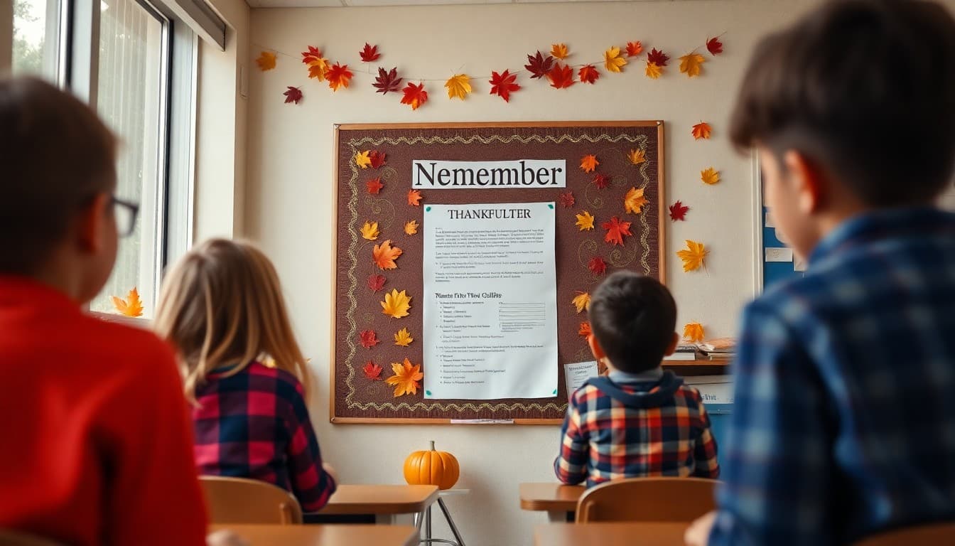 Classroom November bulletin board with a thankful newsletter displayed and fall decorations
