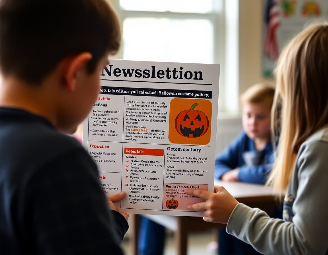 School newsletter October edition showing fall activities and Halloween costume policy