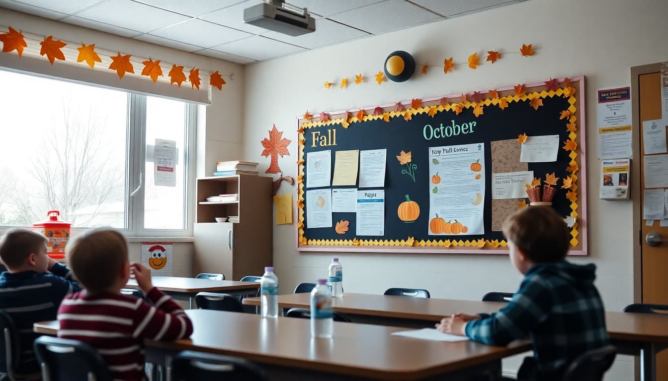 Classroom decorated for October with fall newsletter displayed on a bulletin board