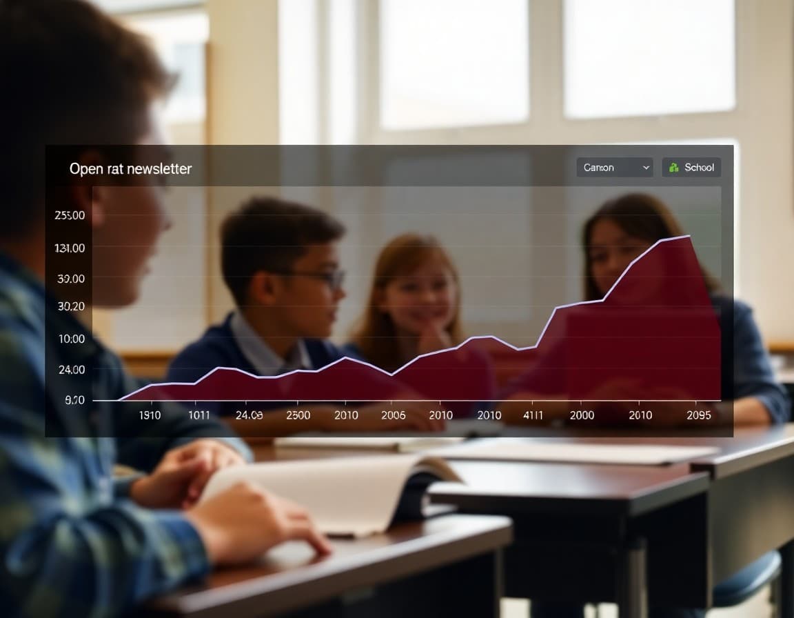 Email analytics dashboard showing school newsletter open rate trend going up over time