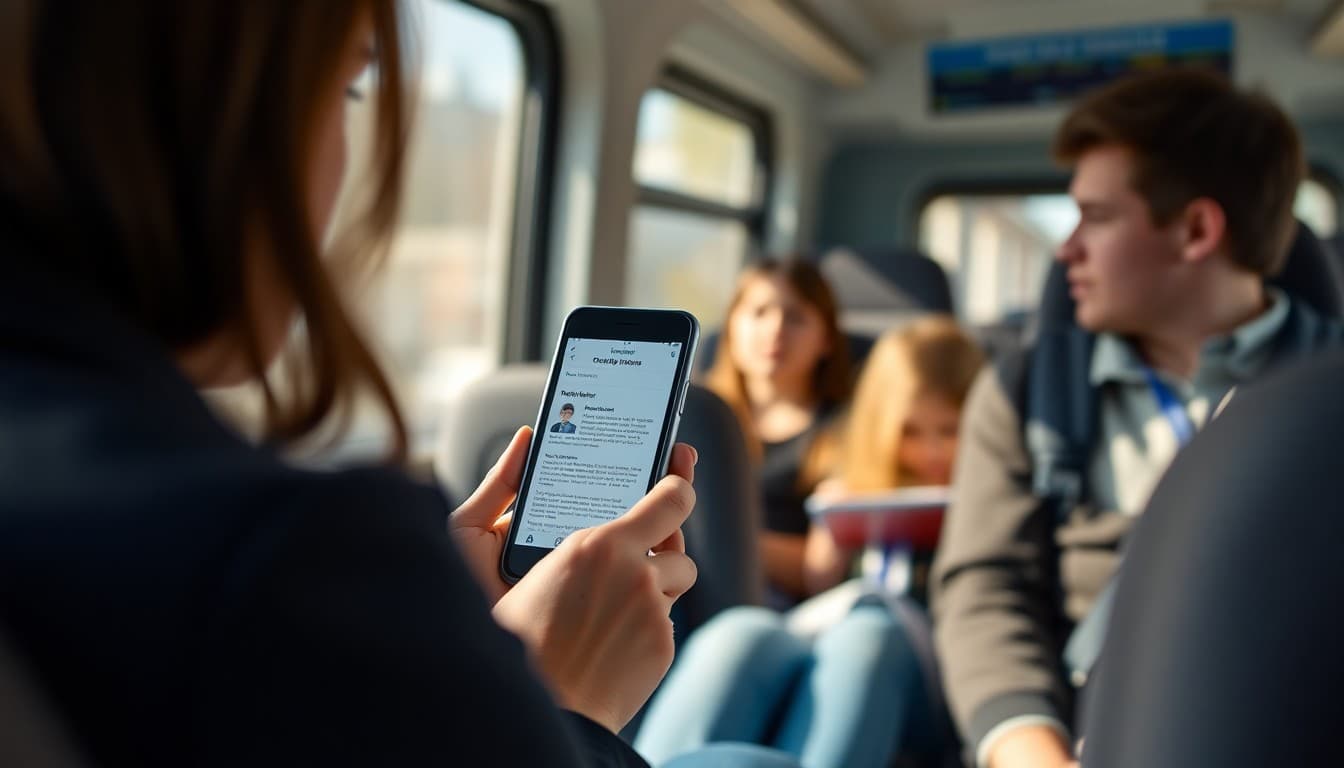 Parent on a smartphone opening a school newsletter email on a busy morning commute