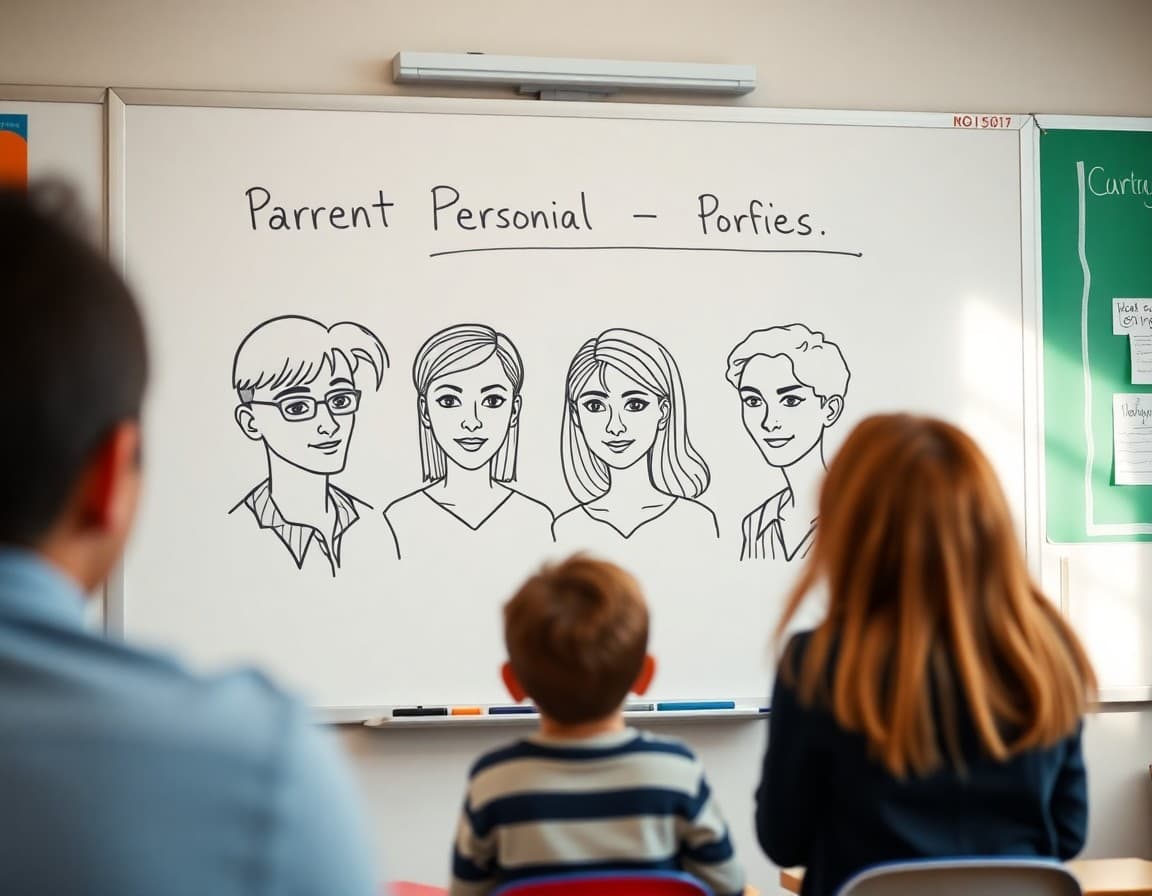 Whiteboard with three parent persona profiles sketched in marker for a school newsletter audience