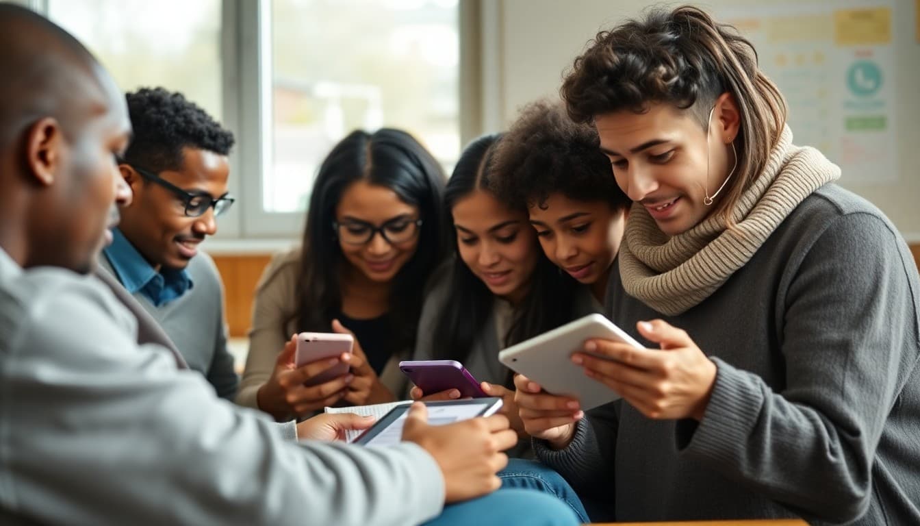 Diverse group of parents looking at a school newsletter on phones and tablets