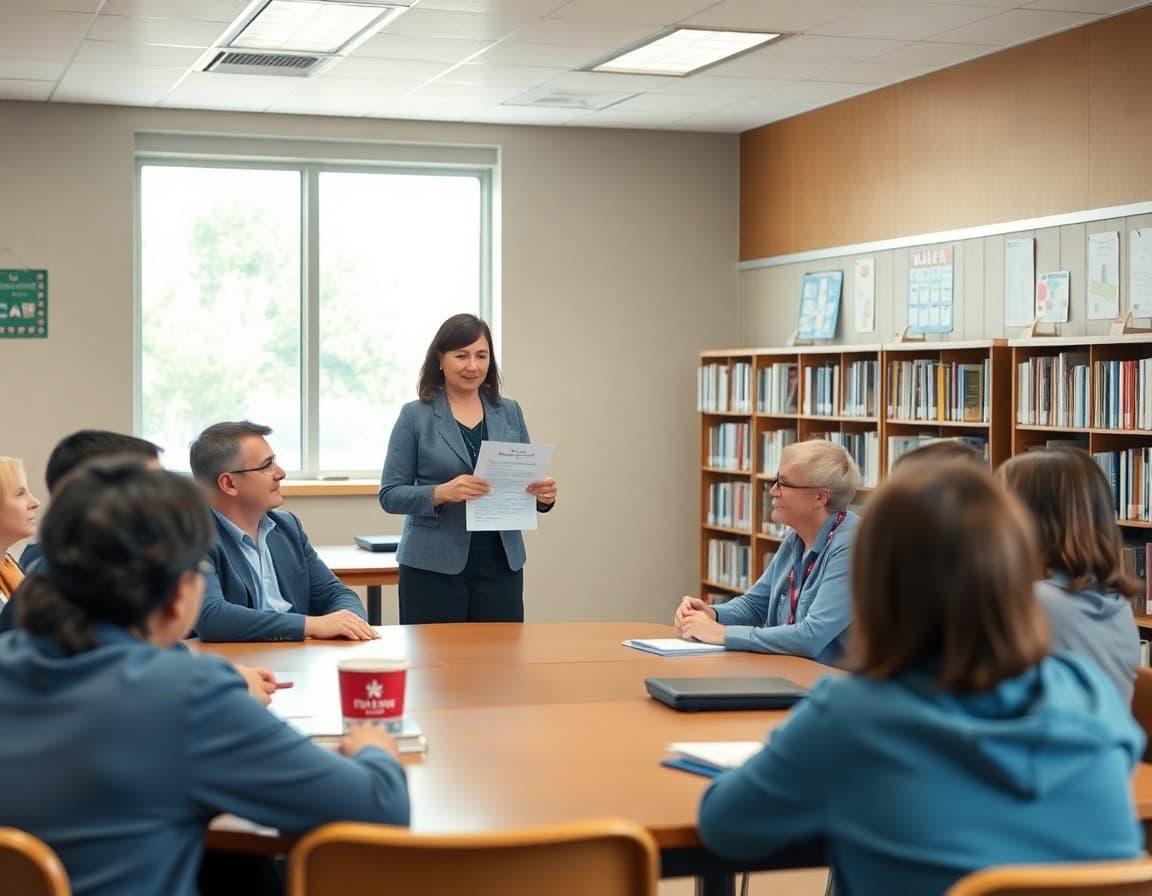 PTA president presenting meeting agenda to parents and teachers in school library
