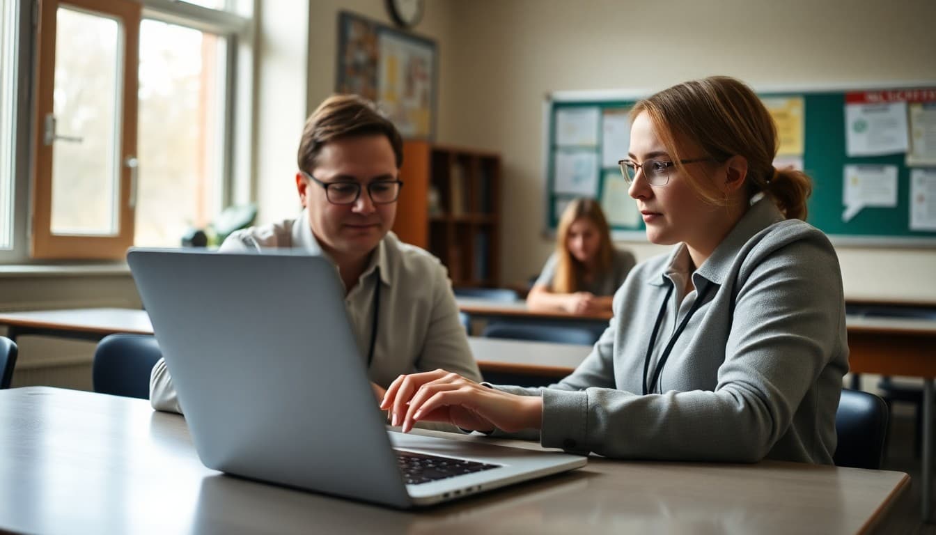 School administrator evaluating newsletter platform options on a laptop