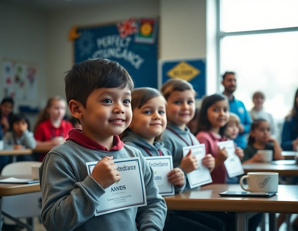 School students receiving perfect attendance awards at a cafeteria celebration with teachers and families present