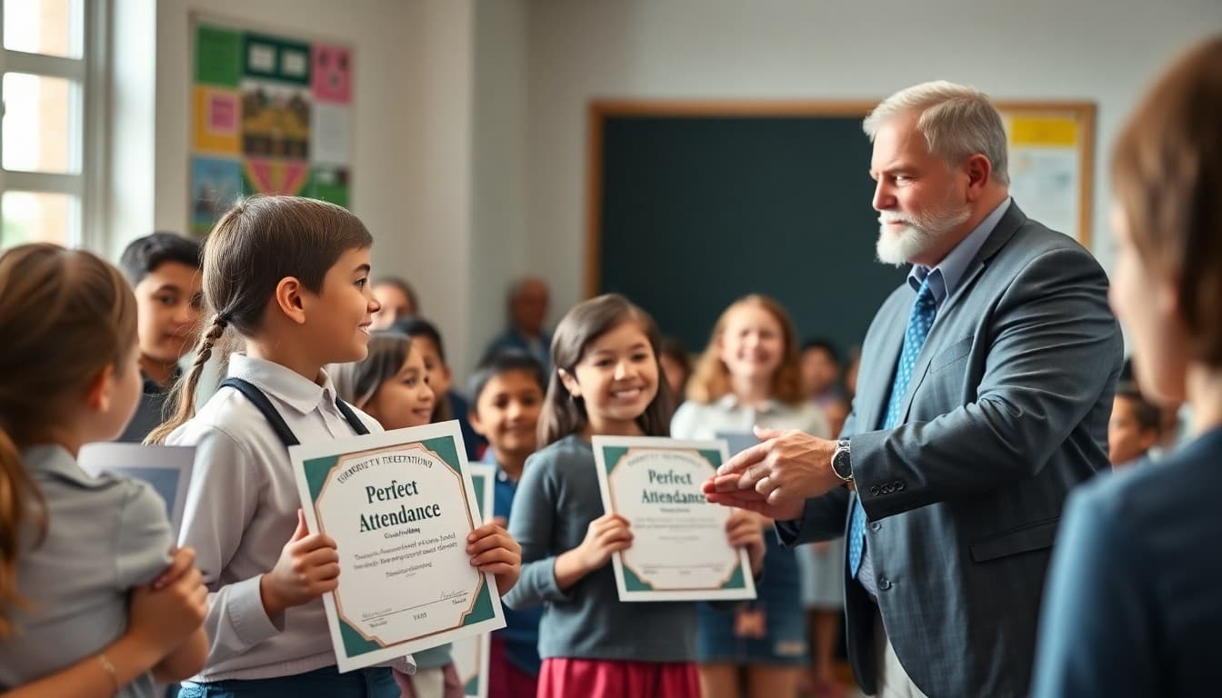 Principal handing perfect attendance certificates to students at a school recognition ceremony with proud parents watching