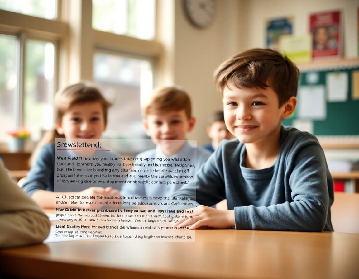 Newsletter layout showing personalized greeting field and grade-specific content section