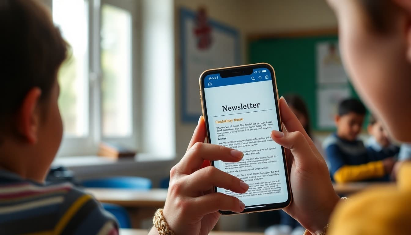 Parent reading a school newsletter on phone with their child's name visible in the greeting