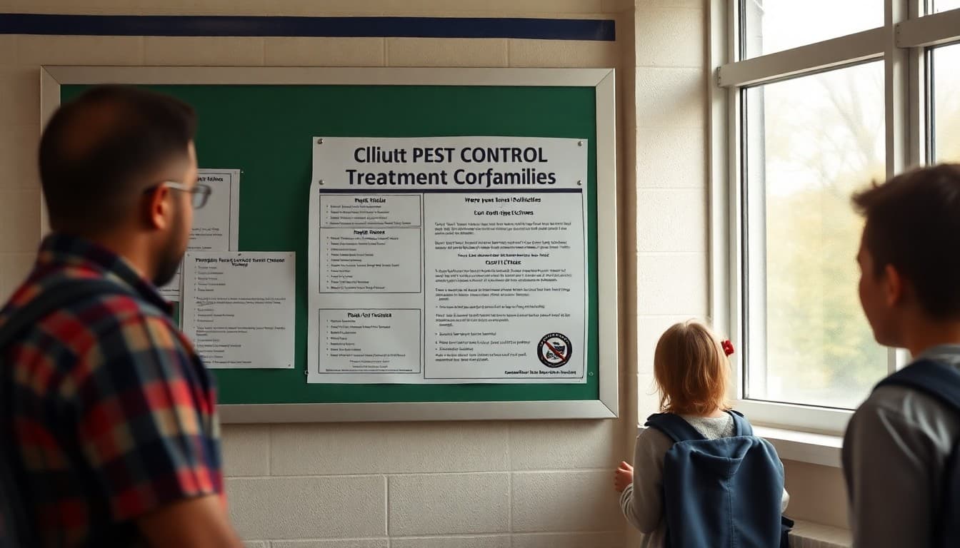 School facilities staff posting pest control treatment notice for families on school bulletin board